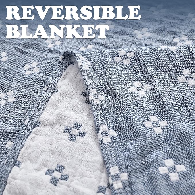 jinchan Boho 100% Cotton Blanket Muslin Twin Size 60x80 Inches Lightweight 3-Layer Geometric Cross Pattern Reversible Quilt Coverlet Throw Soft Breathable Comfy All Seasons for Couch Bed Decor, Blue