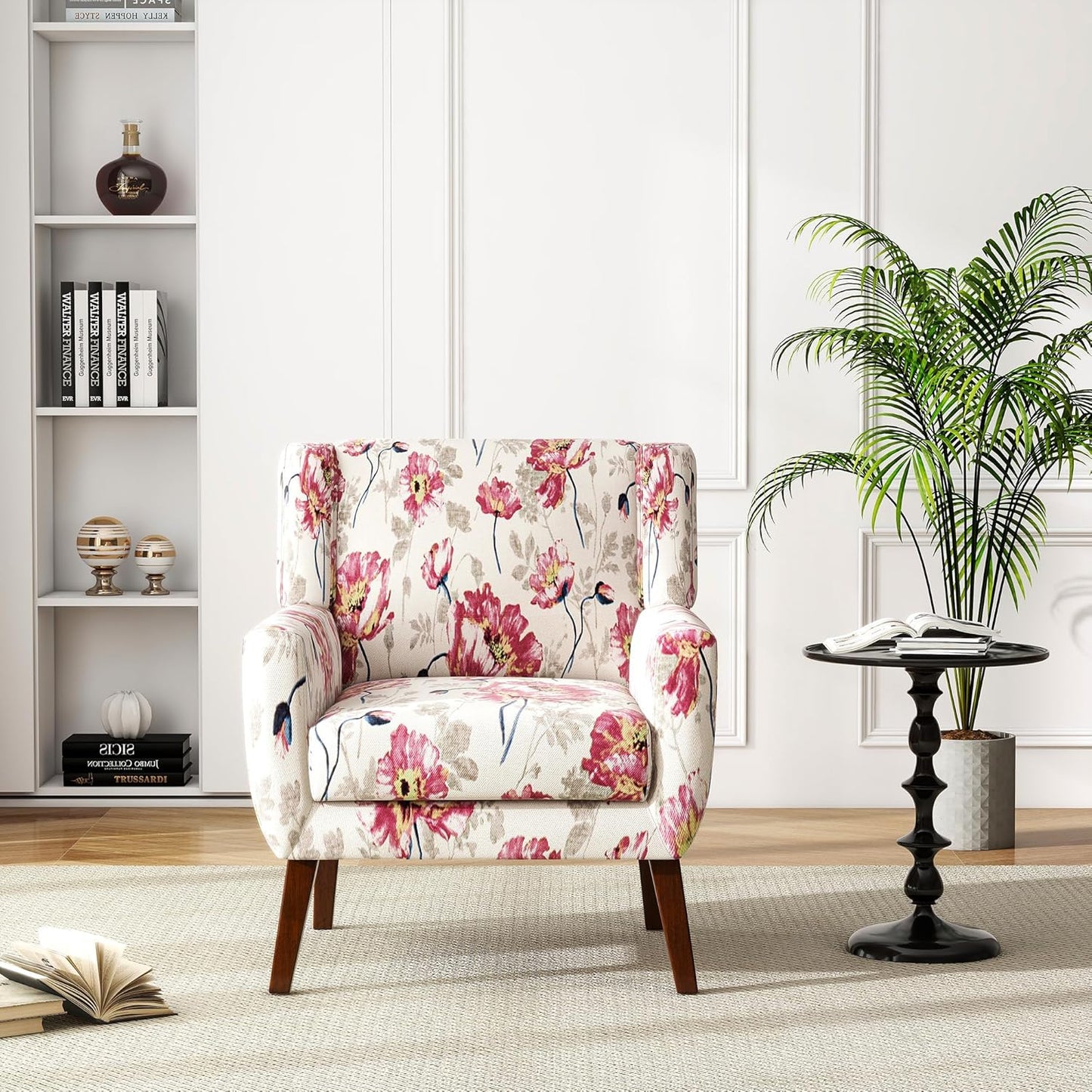 UIXE Floral Accent Chair, Modern Upholstered Armchair in Fabric for Living Room, Comfy Club Arm Chairs Single Sofa Button Tufted Bedroom Reading Seat - Pattern White, Set of 2