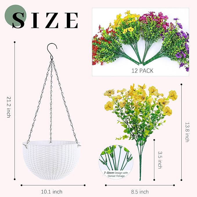 Der Rose Artificial Hanging Flowers Basket for Faux Plants Outdoors UV Resistant Fake Hanging Spring Flowers in Basket for Patio Balcony Farmhouse Outside Decor