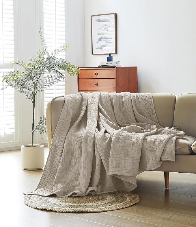 100% Cotton Muslin Throw XL Blanket (50" x 70") – A Luxuriously Soft, 4-Layer Lightweight and Breathable Gauze Blanket, Perfect for Year-Round use on beds, couches (Khaki, Throw XL)