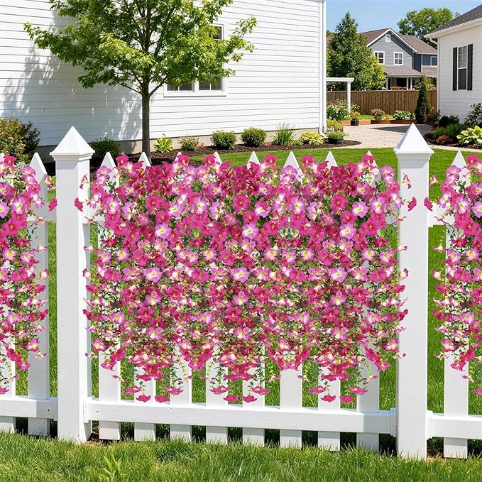 Artificial Fake Flowers Plants for Outdoor Spring Summer Decoration,2 PCS Faux Silk Morning Glory with Eucalyptus Leaves,UV Resistant Realistic Outdoor Flowers for Balcony Porch Patio Yard Garden