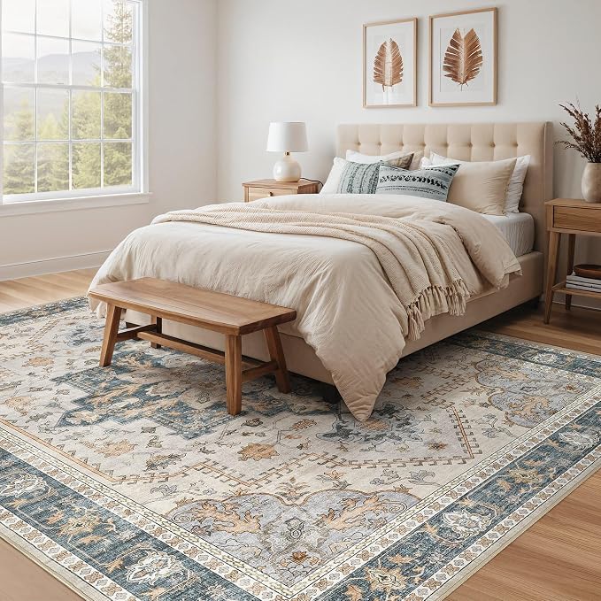 Tortania Area Rug Living Room Rugs - 9x12 Washable Boho Rug Vintage Oriental Distressed Farmhouse Large Thin Indoor Carpet for Living Room Bedroom Under Dining Table Home Office - TealTaupe
