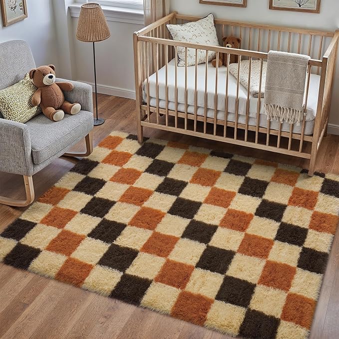 PureCozy Checkered Rug 4x6 for Living Room, Colorful Modern Shag Rug Super Soft Washable Fluffy Rugs Indoor Fuzzy Carpet for Bedroom Home Dorm Aesthetic Decor