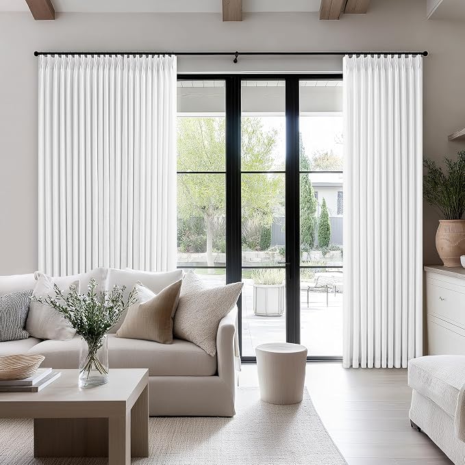 100 Inch Wide Curtains 96 Inch Long Pinch Pleat Linen Curtains for Living Room Bedroom Boho Farmhouse Light Filtering Privacy Pleated Hooks Rings Back Tab for Sliding Door White 1 Panel 100 x 96