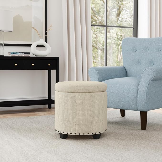 HomePop 18.5" Round Storage Ottoman with Nailheads - Cream Woven