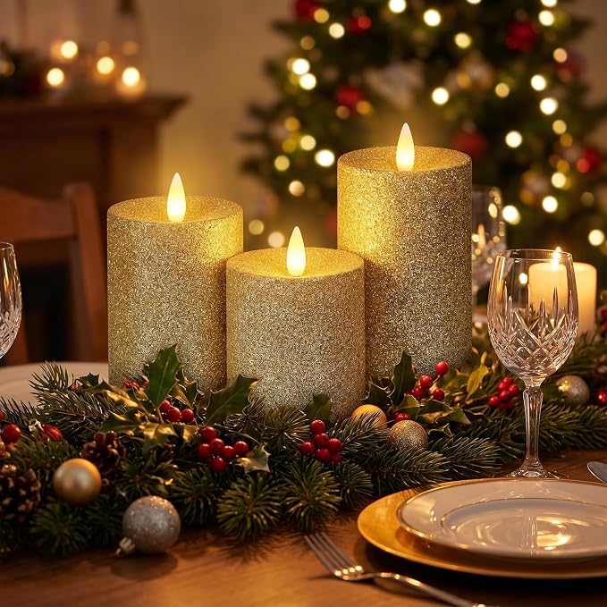 Flameless Pillar Candles Flickering with Remote Timer, Battery Operated LED Candles Up to 400 Hours, 3D Moving Flame Real Wax Candles. (Glitter Gold)