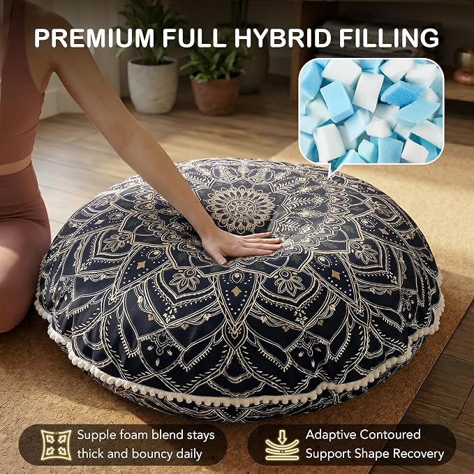 Codi Meditation Cushion for Adults - 32" Large Floor Pillow with Supportive Shredded Memory Foam - Round Zabuton with Washable Cover, Bohemian Mandala Seating for Yoga and Mindfulness, Black