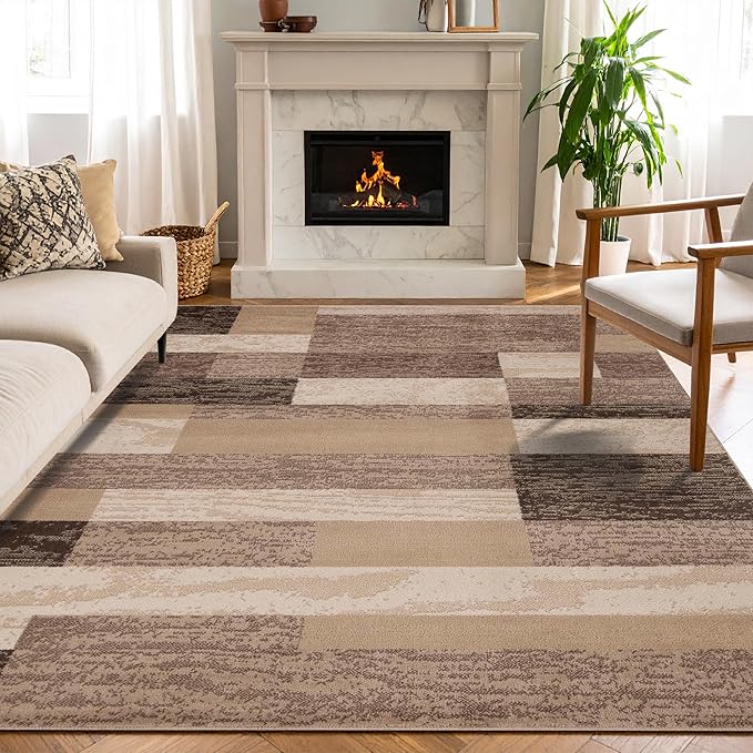 Superior Indoor Area Rug, Jute Backed, Modern Geometric Patchwork Floor Decor for Bedroom, Office, Living Room, Entryway, Hardwood Floors, Rockwood Collection, 5' x 8', Beige
