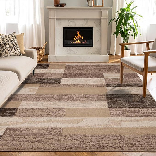 Superior Indoor Area Rug, Jute Backed, Modern Geometric Patchwork Floor Decor for Bedroom, Office, Living Room, Entryway, Hardwood Floors, Rockwood Collection, 5' x 8', Beige