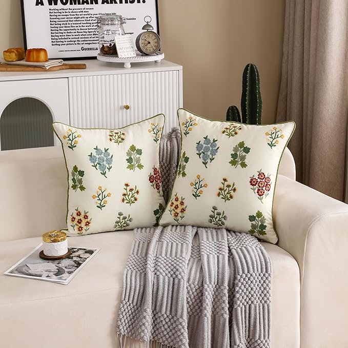 Embroidered Pillow Covers 18x18 inch Pack of 2 Multiflower Decorative Throw Pillow Covers Farmhouse Boho Pillowcases Spring Summer Pillow Cushion Cases Home Decor Square Floral Pillow Case