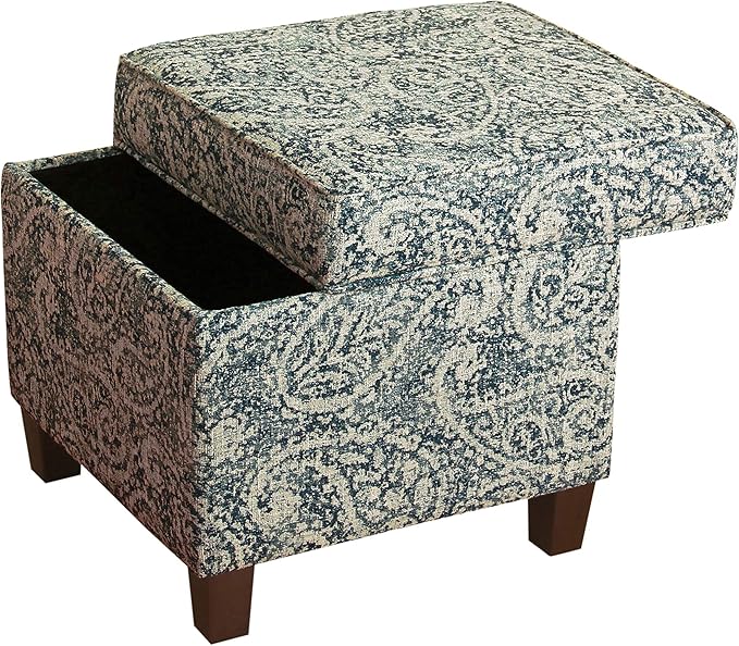 Homepop Home Décor|K7342-F2214|Classic Square Storage Ottoman with Lift Off Lid | Ottoman with Storage for Living Room & Bedroom, Gray Paisley Blue