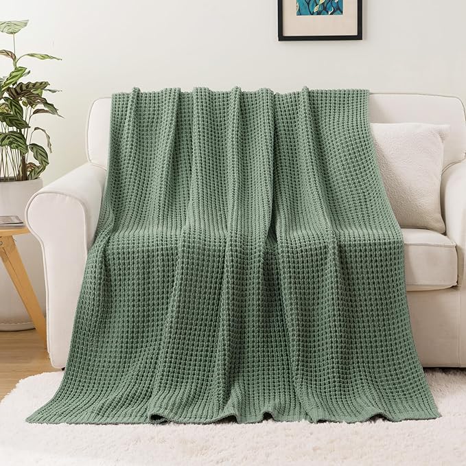 Bunnikins & Clover Knitted Waffle Throw Blanket 50x60 Inches, Sage Green Throw Blanket for Couch, Soft Cozy Chenille Knit Blanket Warm Decorative Throw for Sofa