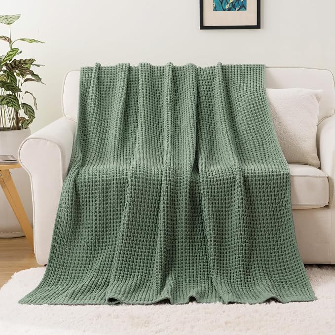 Bunnikins & Clover Knitted Waffle Throw Blanket 60x80 Inches, Sage Green Throw Blanket for Couch, Soft Cozy Chenille Knit Blanket Warm Decorative Throw for Sofa