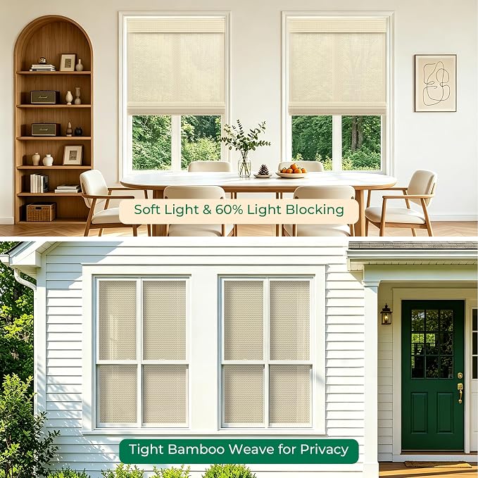 Allesin zen No Drill Cordless Bamboo Roman Shades, Light Filtering 34.5" W x 64" H, Ivory