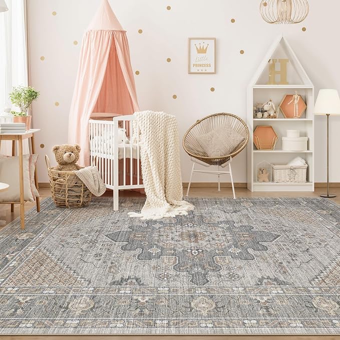Tortania Area Rug Living Room Rugs - 10x14 Washable Boho Rug Vintage Oriental Distressed Farmhouse Large Thin Indoor Carpet for Living Room Bedroom Under Dining Table Home Office - Brown Gray