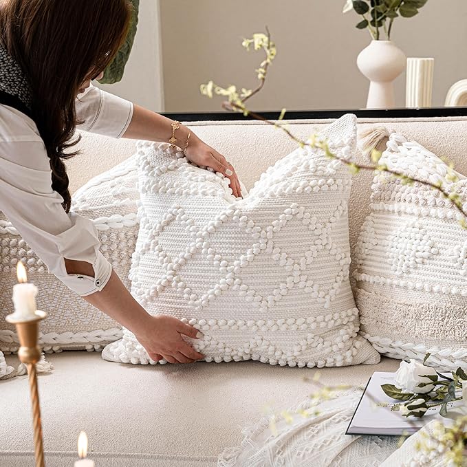 BlissBlush Pure White Decorative Throw Pillow Cover 22X22, Boho Accent Pillow for Couch, Square Modern Farmhouse Pillowcase for Living Room Couch Sofa Cushion Home Décor (Pack of 1)