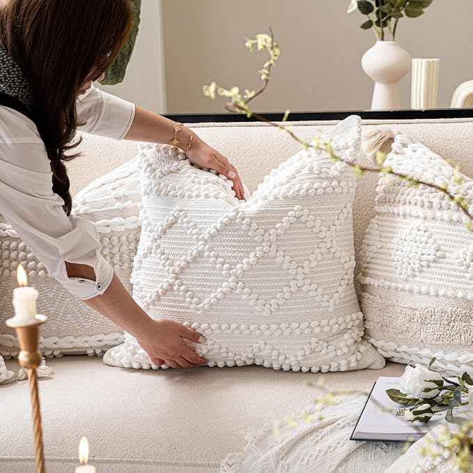 BlissBlush Pure White Decorative Throw Pillow Cover 22X22, Boho Accent Pillow for Couch, Square Modern Farmhouse Pillowcase for Living Room Couch Sofa Cushion Home Décor (Pack of 1)