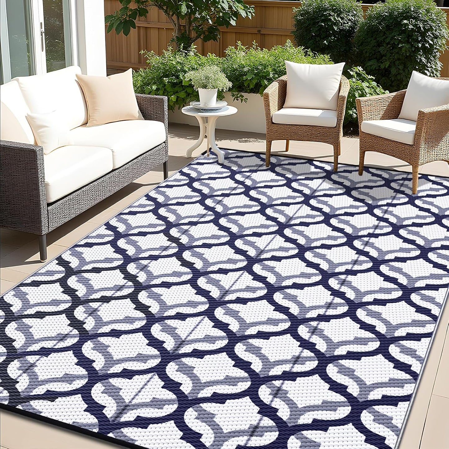 OLANLY Reversible Outdoor Rug 8x10 ft Clearance, Waterproof Outdoor Plastic Straw Rug with Interlacing Pattern, RV Mat for Patio, Camping, Balcony, Deck, Backyard, Navy & White