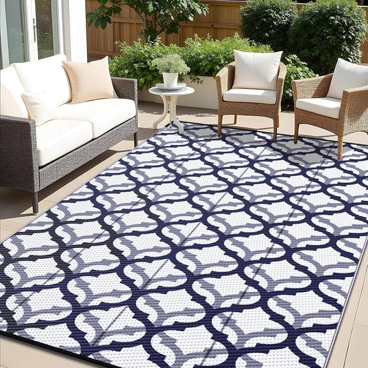 OLANLY Reversible Outdoor Rug 6x9 ft Clearance, Waterproof Outdoor Plastic Straw Rug with Interlacing Pattern, RV Mat for Patio, Camping, Balcony, Deck, Backyard, Navy & White