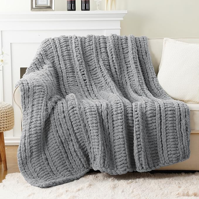 Battilo Chunky Knit Throw Blanket for Couch, 50"x60", Light Grey | Hand Knit with Chunky Yarn, Gift Blanket, Cozy Warm Thick Soft Chenille Throw Blanket for Bed, Sofa, Living Room