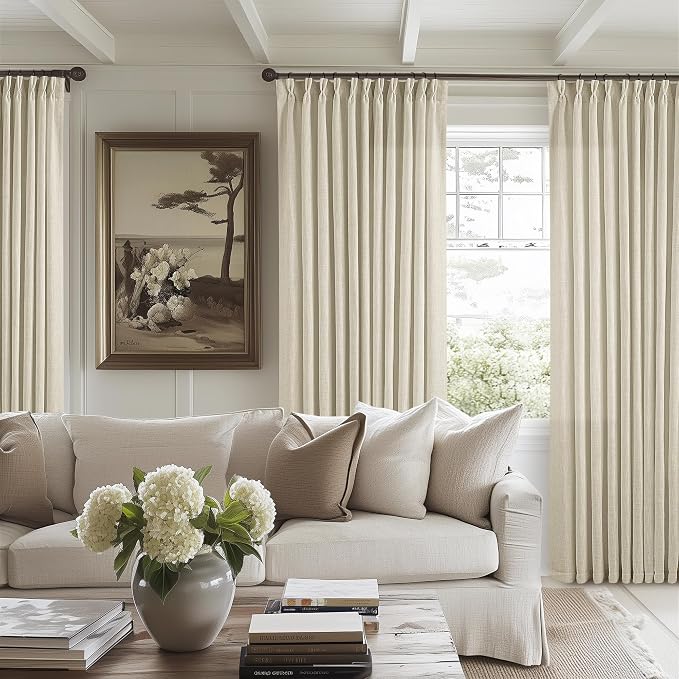 Pinch Pleated Extra Wide Curtain Panels 108 Inches Long 70 Wide Linen Curtain for Patio Sliding Glass Door Beige Hooks Rings Semi Sheer Privacy 108 Inch Length for Living Room 70x108 1 Panel