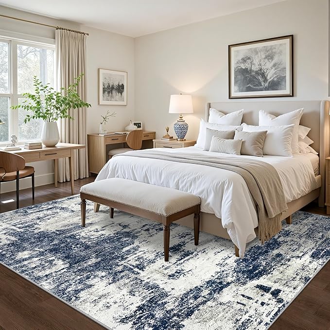 9x12 Area Rugs Living Room Rugs: Large Washable Rug with Anti-Slip Backing Non-Shedding Stain-Resistant Soft Abstract Carpet for Bedroom Dining Room Nursery Home Office - Gray/Blue