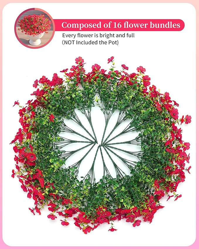 Artificial Flowers for Outdoor Decor, 16 Pack UV-Resistant Fake Rose Red Silk Daisy Flowers, Perfect for Spring & Summer Decorating – Front Porch, Patio, Window Boxes, and Potted Plants