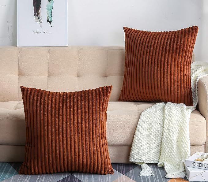 TangDepot Velvet Big Corduroy Pillow Covers 22x22 Chocolate 2-Pack | Soft wide-stripe corduroy pillow cover, hidden zipper, machine washable, easy refresh, for bedroom living room indoor outdoor