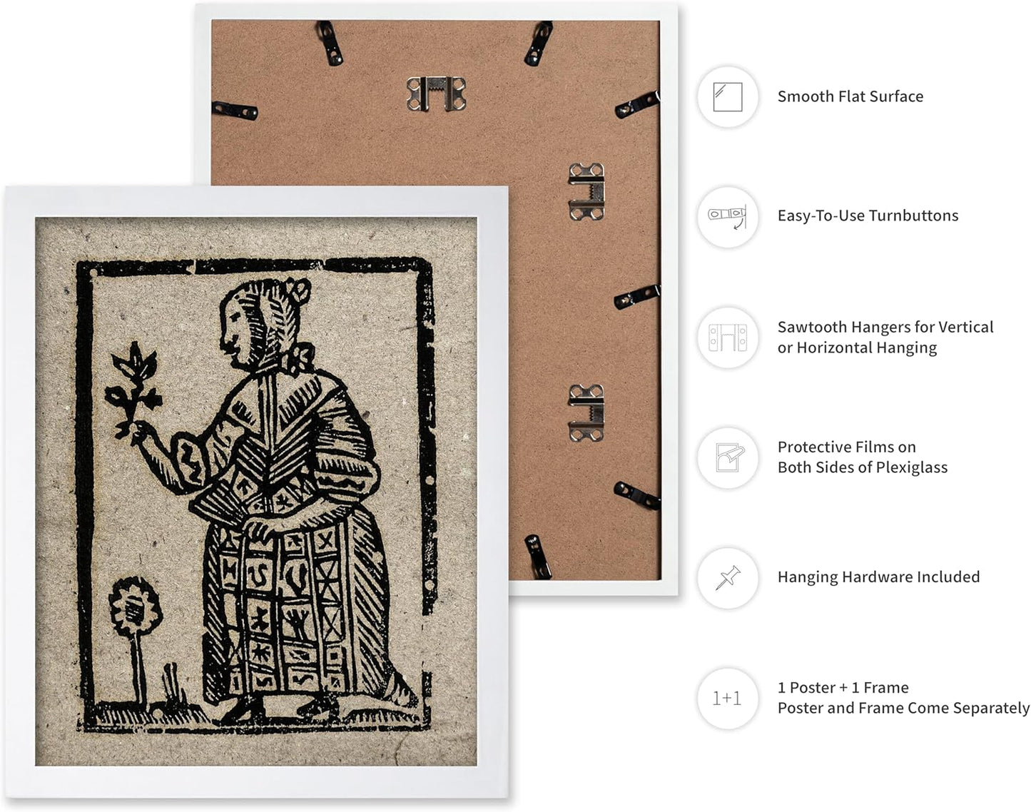 Poster Master Vintage Woodcut Poster - Retro Medieval Print - Gift for Gothic, Horror Fan - Witch Holding a Plant, Magic, Spell, Herbalist - Wall Decor for Bedroom, Dorm, 11x14 White Framed