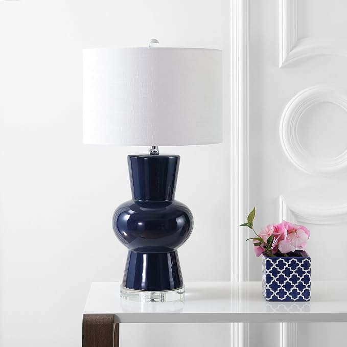 JONATHAN Y 28.5" Navy Ceramic Table Lamp for Living Room Bedroom Nightstand, Modern Hourglass LED Bedside Lamp with Crystal Base and Linen Shade (JYL4027B)