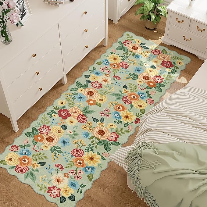 DUKINO 2x10 Runner Rug for Hallway, Washable Kitchen Rug with Non Slip Backing & Non-Shediing, Soft Low Pile Floral Design Runner for Bedroom, Kithchen, Living Room, Laundry, Bathroom, Green