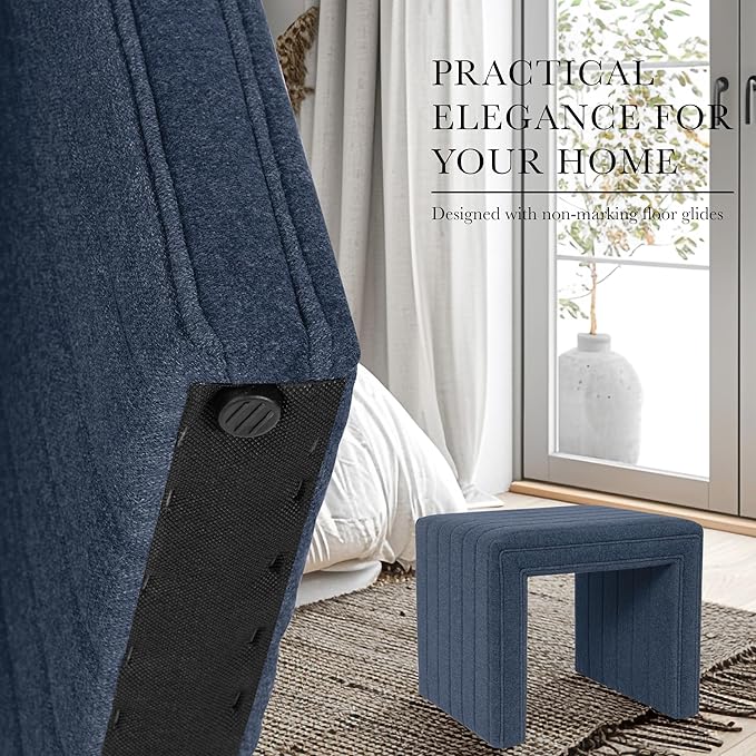 HomePop Modern Channel Tufted Ottoman|Homepop Home Décor|Ottoman for Living Room & Bedroom - Blue Woven Fabric