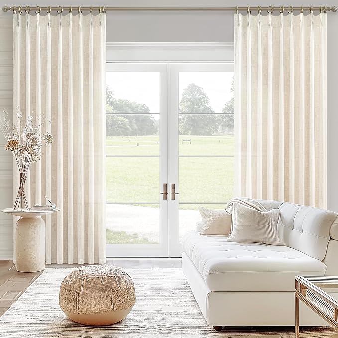 Unique Birch Pinch Pleat Bedroom Curtains 88 Inches Long 2 Panels Set, Memory Shape Natural Linen Semi Sheer Viral Curtain Light Filtering Heavy Aesthetic Window Drapes with Hooks & Rings for Sunroom