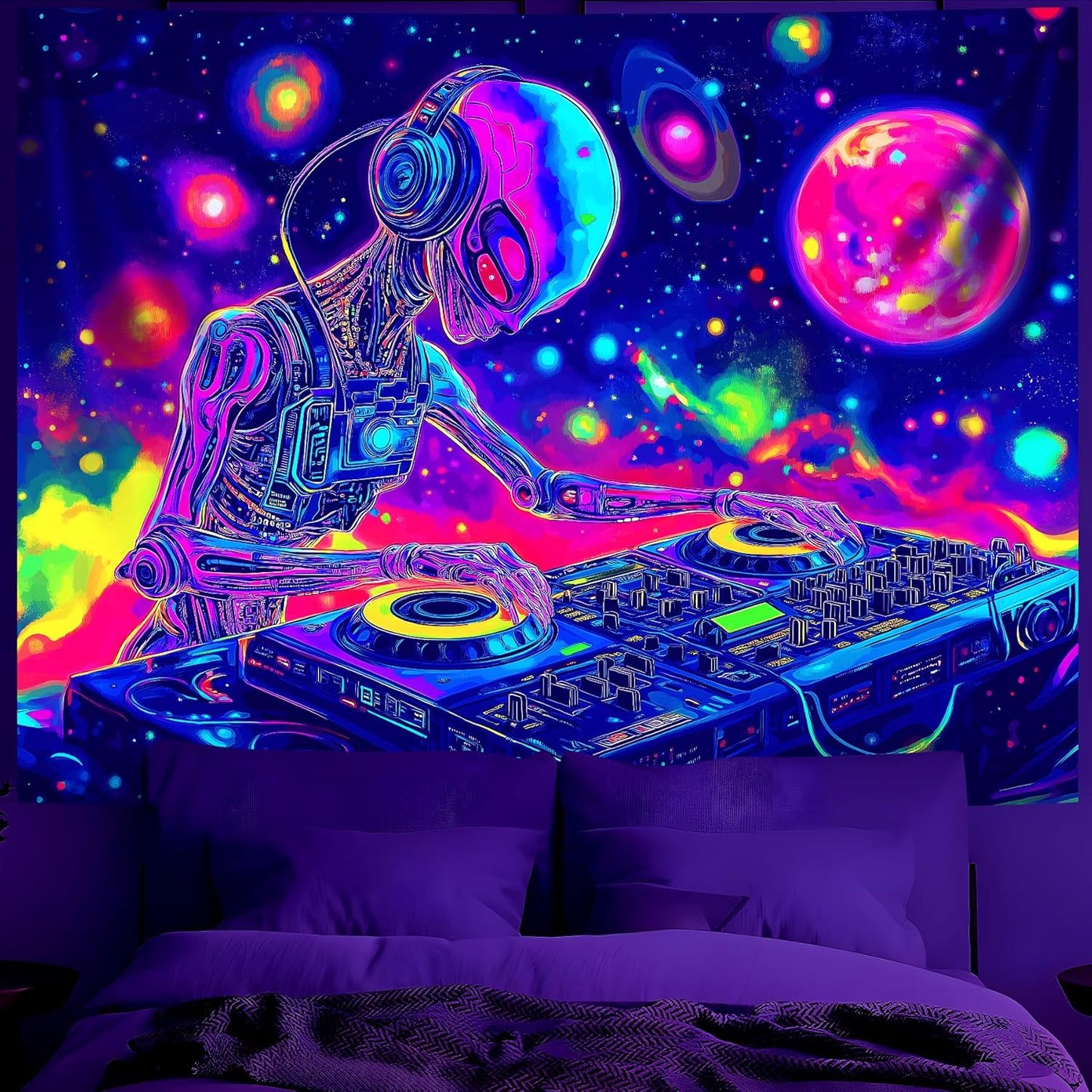 BVBOX Blacklight Space Alien Tapestry 79"x59", UV Reactive Glow in Dark DJ Alien Universe Galaxy Planet Music Tapestries, Black Light Neon Upright Poster Wall Hanging Backdrop Decor for Bedroom Living Room