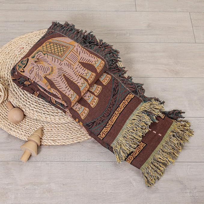 Boho Throw Blanket for Bed with Tassels,100% Cotton Ultra Soft and Cozy Large Blanket Elephant Printed Farmhouse Decor Bed Blankets,80"×90" All Season Rustic Throw for Sofa Couch Chair-Brown