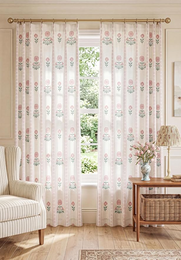 THREE GIRLS Pinch Pleated Light Filtering Linen Blend Floral Block Print Curtains for Girls Room, Nursery, Living Room, Modern Farmhouse, Memory Trained, Hooks, 2 Panels Set, 40"x102", Pink