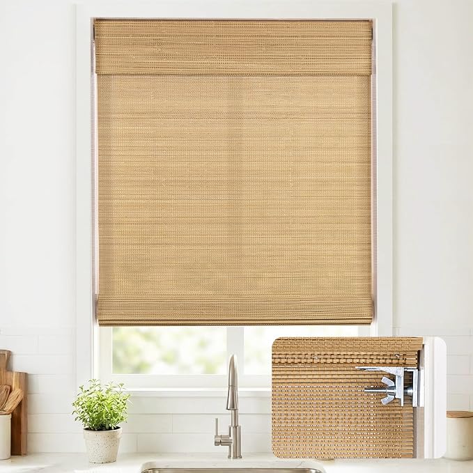 UNISHADES No Drill Cordless Bamboo Roman Shades, 39×64 in, Carbonized | Natural material, Light Filtering, Easy Install