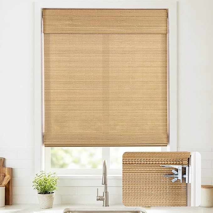 UNISHADES No Drill Cordless Bamboo Roman Shades, 45×64 in, Carbonized | Natural material, Light Filtering, Easy Install