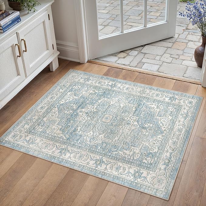 2x3 Washable Vintage Area Rug Blue Oriental Soft Entryway Throw Rug Neutral Non Slip Low Pile Small Carpet for Kitchen Bathroom Living Room Bedroom
