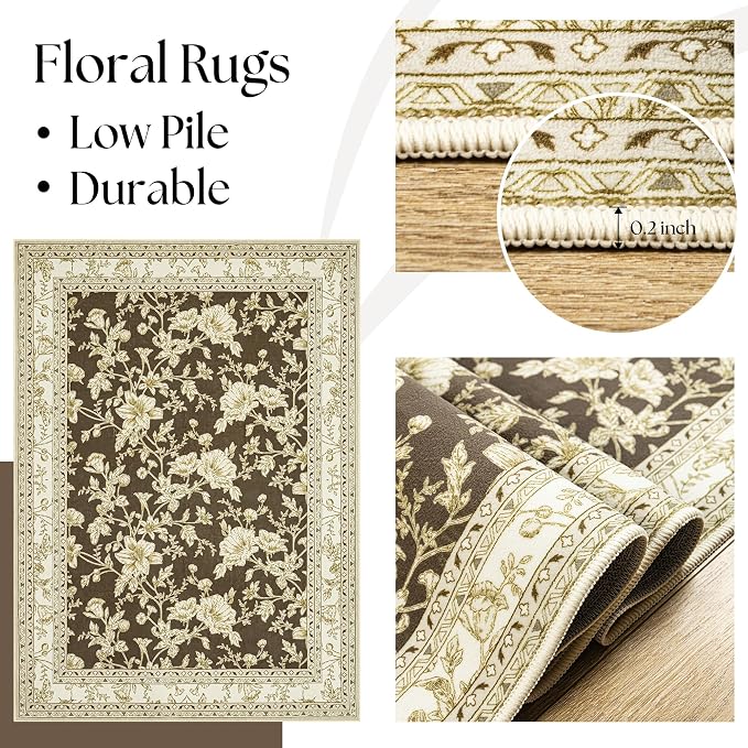 Brown Boho Washable 3x8 Extra Long Hallway Runner Rug, Extra Large Kitchen Floor Rug Indoor Entryway, Non-Slip Low Pile Machine Washable, Vintage Farmhouse Cream Beige Taupe Pattern Floral Design