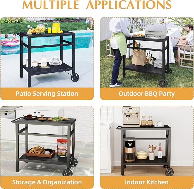 DDK 2-Tier Outdoor Grill Table, 34" Metal Top BBQ Prep Cart with Wheels & Hooks, 150 LBS Capacity Grill Cart for Patio Backyard Camping, Works as Griddle Stand & Potting Bench