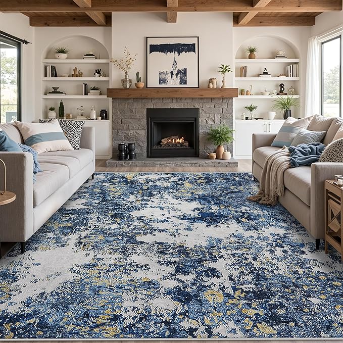 10x14 Area Rugs Living Room Rugs: Large Washable Rug with Anti-Slip Backing Non-Shedding Stain-Resistant Soft Abstract Carpet for Bedroom Dining Room Nursery Home Office-Blue/Multi