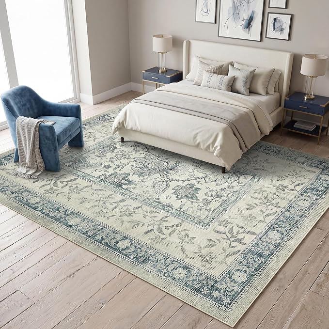 GarveeHome Vintage Blue Area Rug 6x9 Washable Cottage Core Retro Farmhouse Low-Pile Stain Resistant Non-Slip Rugs for Bedroom Living Room Nursery Kitchen Home Office TPE Backing Indoor Decor