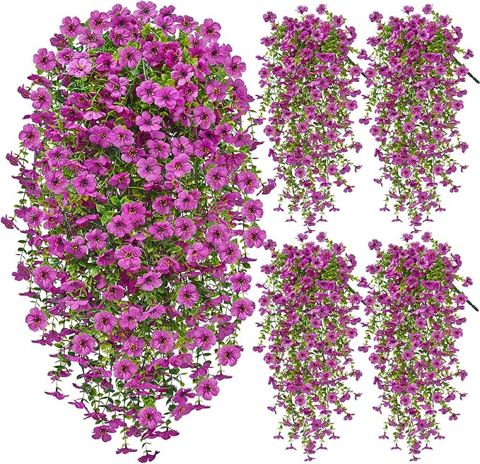 Artificial Hanging Flowers for Outdoors Spring Summer Decoration, 4PCS UV Resistant Silk Fake Hanging Plants for Patio Porch Front Yard Window Garden Indoor Decor(Purple,4PCS)