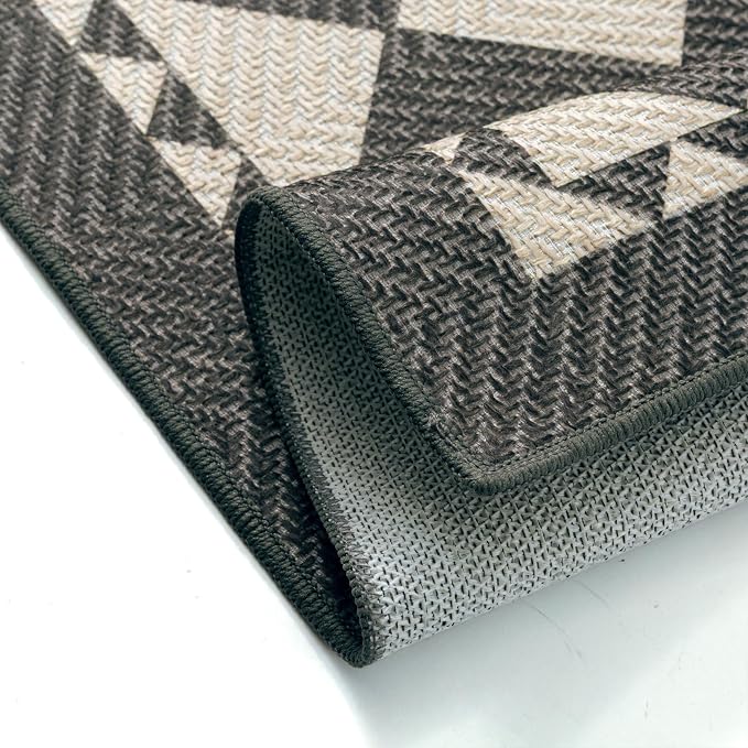 HUGEAR 8x10 Outdoor Rug Black/Beige Linen-Look Fabric Checkered Area Rug High Traffic Stain Resistant Easy Clean Durable Rugs for Indoor/Outdoor Patio Deck Balcony Porch Garden Courtyard
