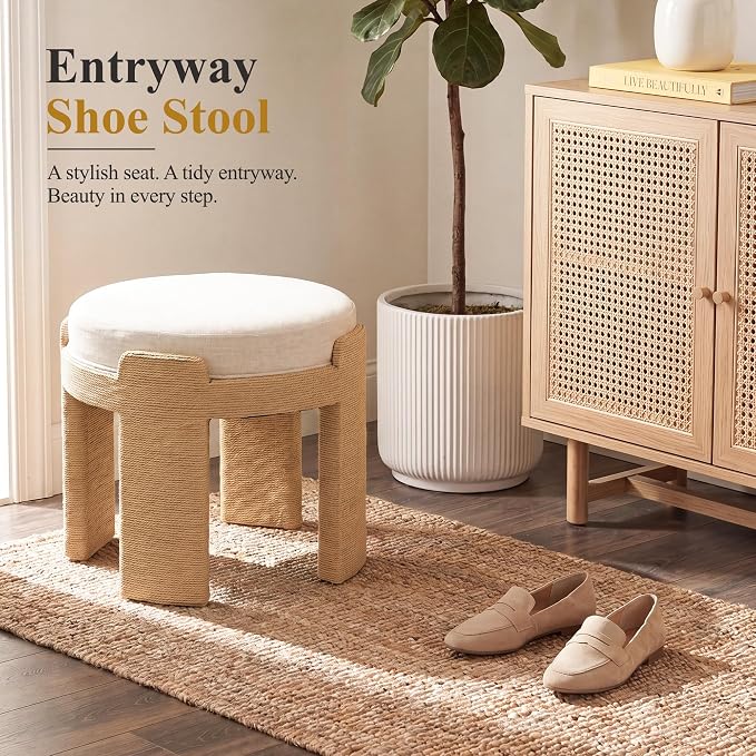 Round Vanity Chair, Boho Hand-Woven Rope Upholstered Accent Foot Stool Ottoman Fully Assembled for Bedroom Living Room Entryway, Beige Linen