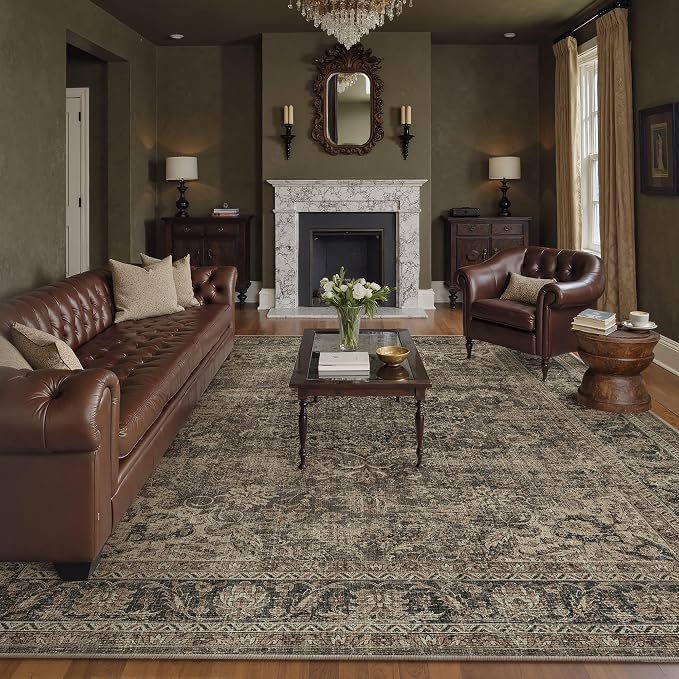 10x14 Washable Area Rug Brown Vintage Non Slip Soft Low Pile Rug for Living Room Bedroom Dining Room Office Distressed Oriental Indoor Large Throw Carpet for Home Decor