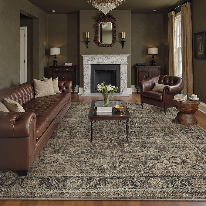 9x12 Washable Area Rug Brown Vintage Non Slip Soft Low Pile Rug for Living Room Bedroom Dining Room Office Distressed Oriental Indoor Large Throw Carpet for Home Decor