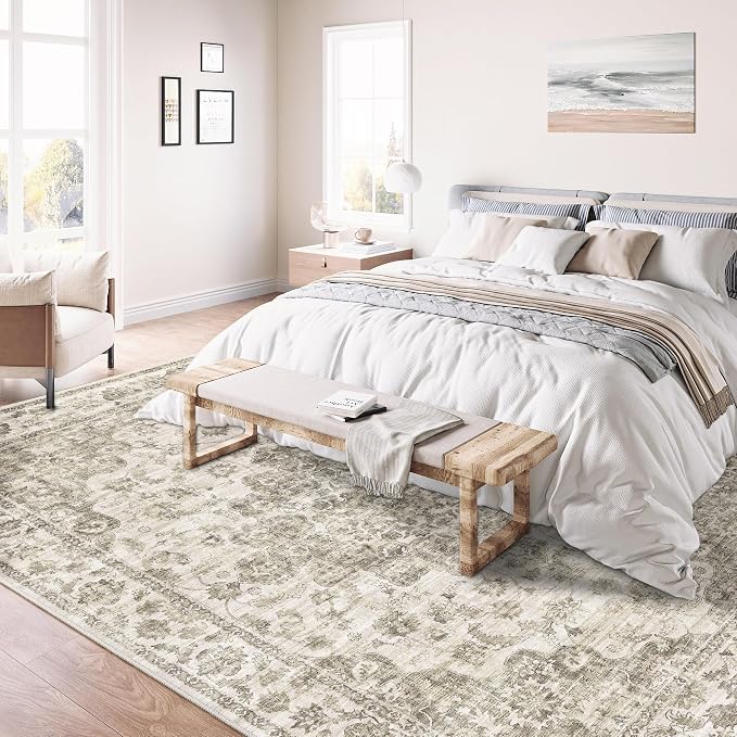 8x10 Washable Neutral Area Rug Taupe Vintage Living Room Bedroom Carpet Non-Slip Soft Low Pile Farmhouse Large Throw Rug for Dining Room Entryway Office