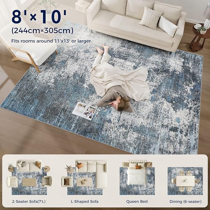 DMOYEST Area Rug Living Room Rugs - 8x10 Large Soft Indoor Neutral Modern Abstract Low Pile Washable Rug Carpet for Bedroom Dining Room Farmhouse Home Office - Grey Blue